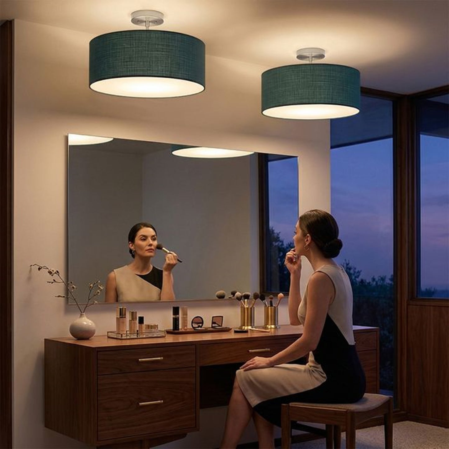 Nova California Stretch 17in 1-Light Semi-Flush Mount | Modern Satin Nickel and Pool Blue Linen Drum | Bedroom & Living Room | Model 2110844BL