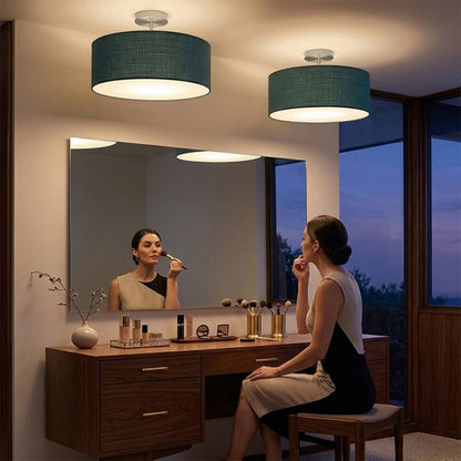 Nova California Stretch 17in 1-Light Semi-Flush Mount | Modern Satin Nickel and Pool Blue Linen Drum | Bedroom & Living Room | Model 2110844BL