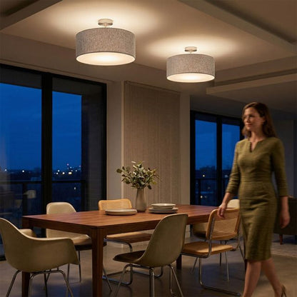 Nova California Stretch 17in 1-Light Semi-Flush Mount | Modern Satin Nickel and Cashmere Gray Linen | Bedroom & Dining Room | Model 2110844CG