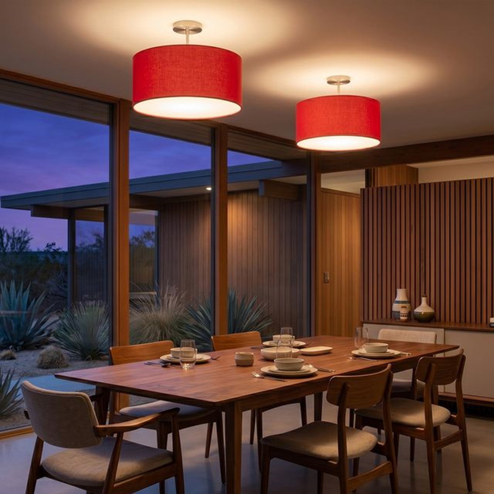 Nova California Stretch 17in 1-Light Semi-Flush Mount | Modern Satin Nickel and Crimson Red Linen | Bedroom & Dining Room | Model 2110844CR