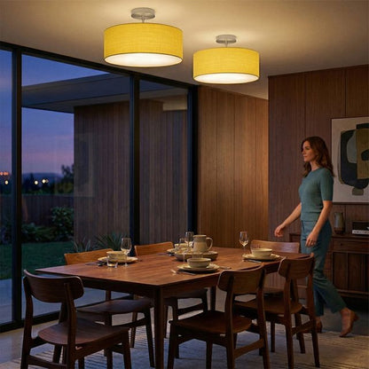Nova California Stretch 17in 1-Light Semi-Flush Mount | Modern Satin Nickel and Mustard Linen Drum | Living Room & Entryway | Model 2110844MU