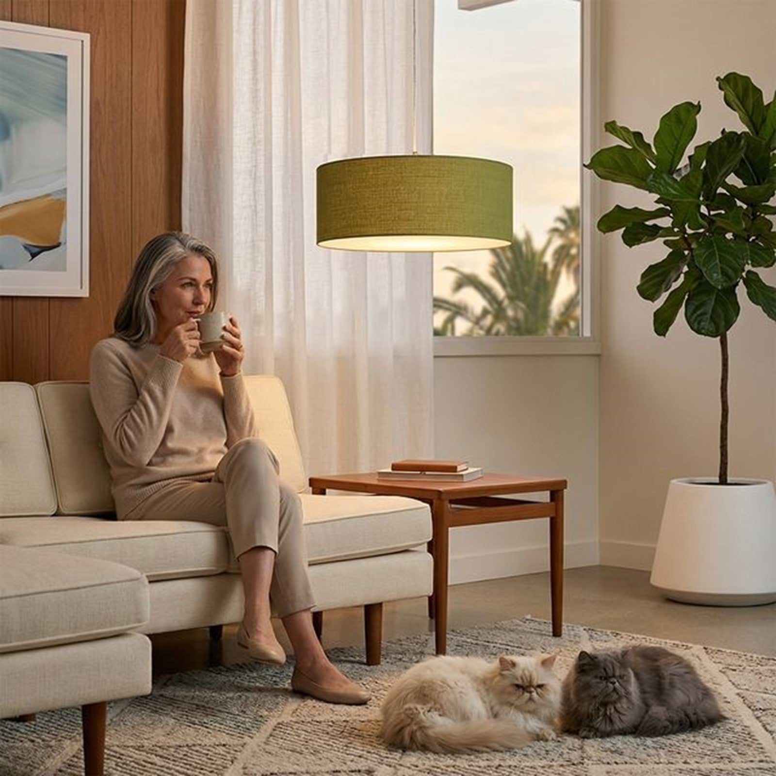 Nova California Stretch 15in 1-Light Pendant | Modern Satin Nickel and Avocado Linen | Kitchen Island & Dining Room | Model 2110846AV