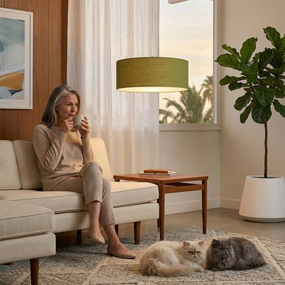 Nova California Stretch 15in 1-Light Pendant | Modern Satin Nickel and Avocado Linen | Kitchen Island & Dining Room | Model 2110846AV