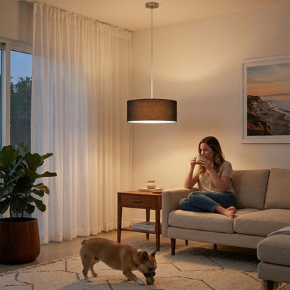 Nova California Stretch 22in 1-Light Pendant | Modern Satin Nickel and Black Linen Shade | Kitchen Island & Dining Room | Model 2110846BK
