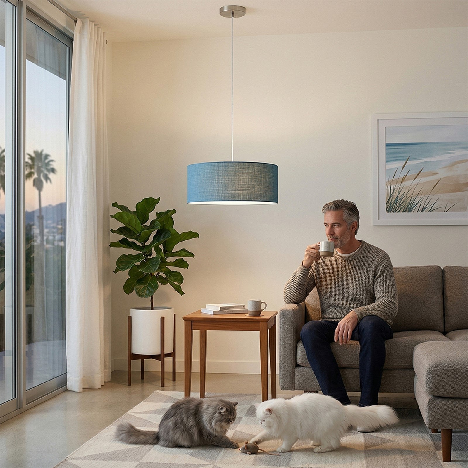 Nova California Stretch 22in 1-Light Pendant | Modern Satin Nickel and Pool Blue Linen Shade | Kitchen Island & Dining Room | Model 2110846BL