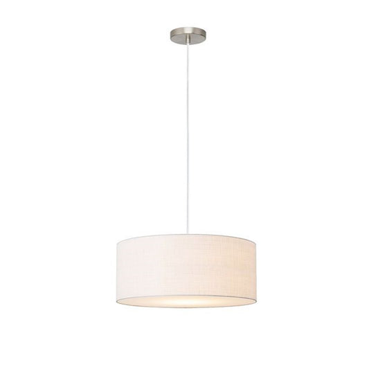 Nova California Stretch 22in 1-Light Pendant | Modern Satin Nickel and White Linen Drum Shade | Kitchen Island & Dining Room | Model 2110846WH