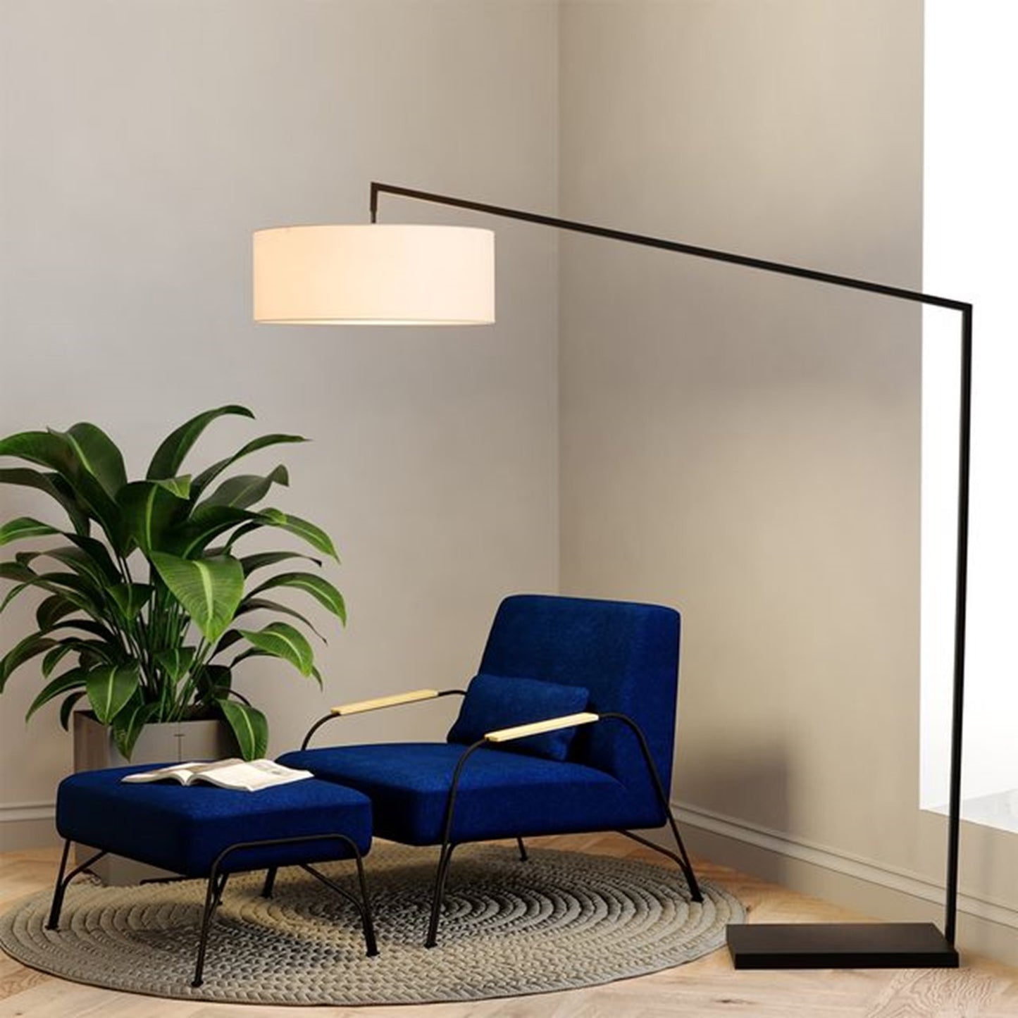 Nova California Stretch 87in 1-Light Arc Floor Lamp | Modern Black Steel and White Linen | Living Room & Bedroom | 17 x 49 x 87 in | Model 2110923