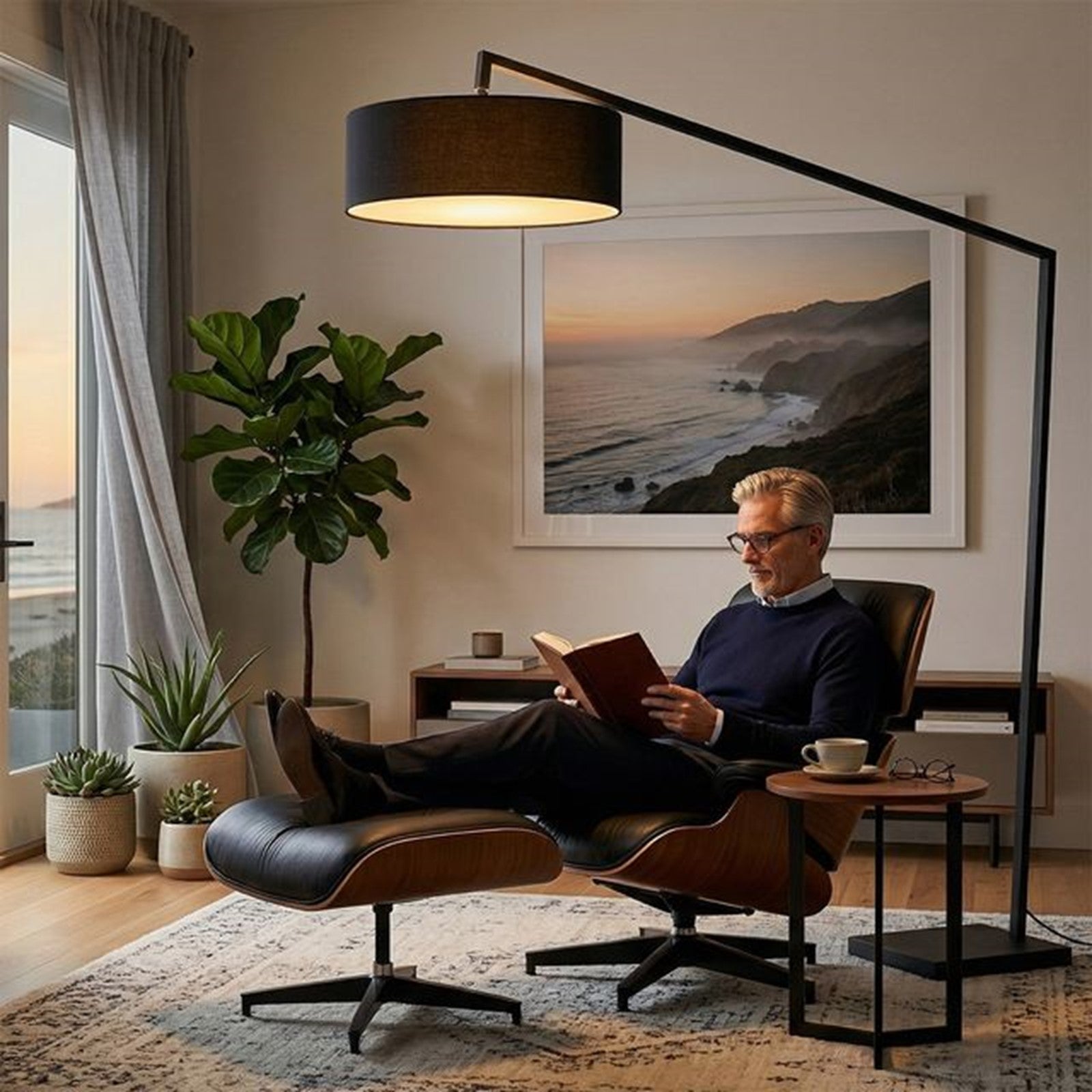 Nova California Stretch 87in 1-Light Arc Lamp | Modern Black Steel and Black Linen | Living Room & Bedroom | 1500 Lumens, 2700K | Model 2110923BK