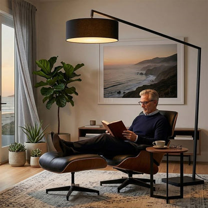 Nova California Stretch 87in 1-Light Arc Lamp | Modern Black Steel and Black Linen | Living Room & Bedroom | 1500 Lumens, 2700K | Model 2110923BK