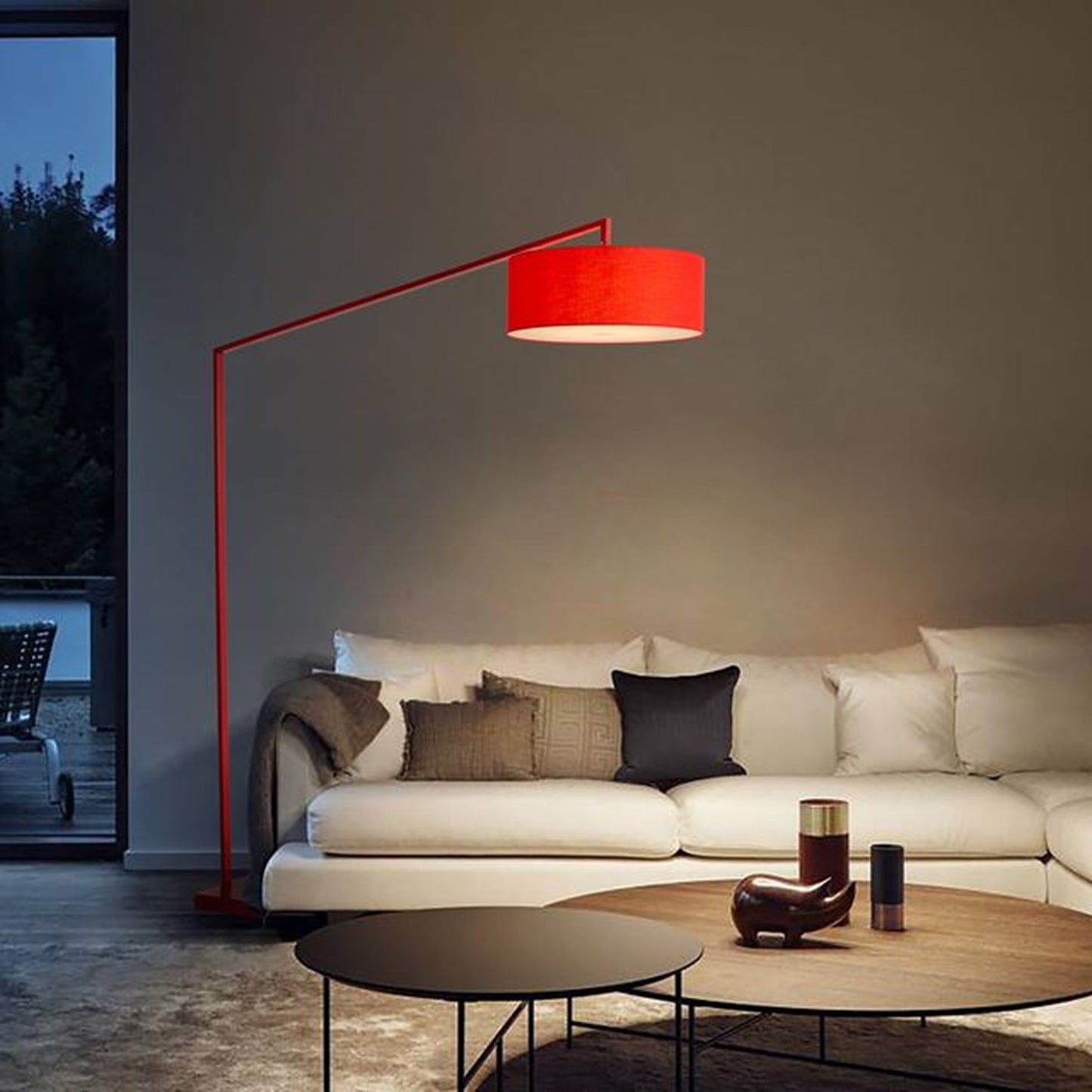 Nova California Stretch 87in 1-Light Arc Floor Lamp | Modern Red Steel and White Linen Shade | Living Room & Reading Nook | Model 2110925