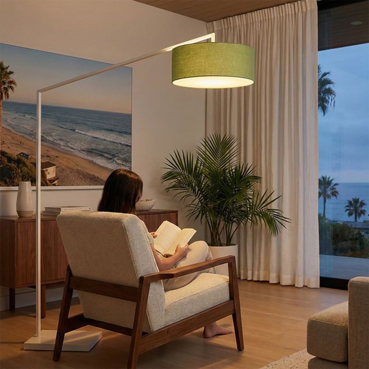 Nova California Stretch 87in 1-Light Arc Lamp | Modern White Steel and Avocado Linen Shade | Living Room & Bedroom | 1500 Lumens | Model 2110926AV