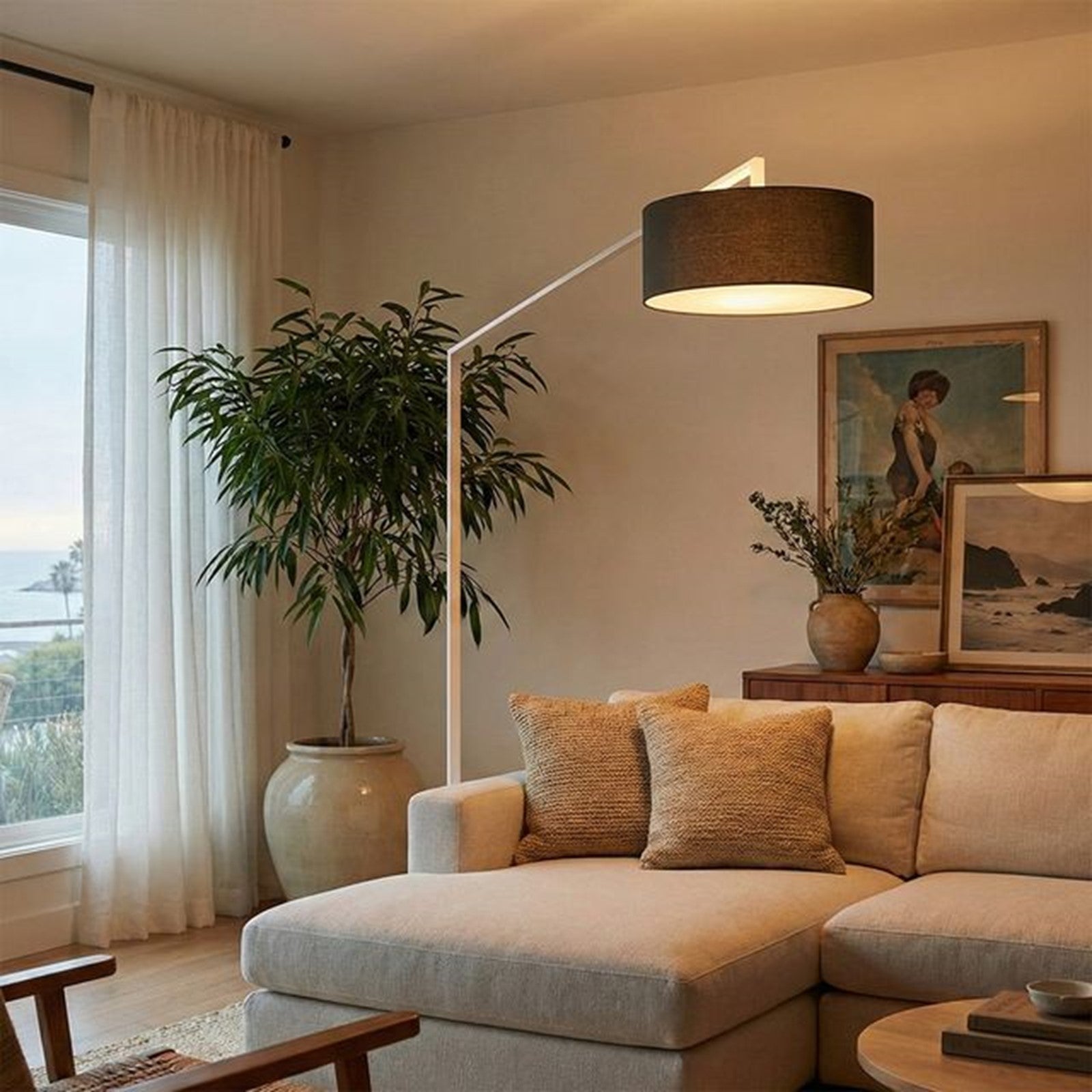 Nova California Stretch 87in 1-Light Arc Lamp | Modern White Steel and Black Linen Shade | Living Room & Bedroom | 1500 Lumens | Model 2110926BK