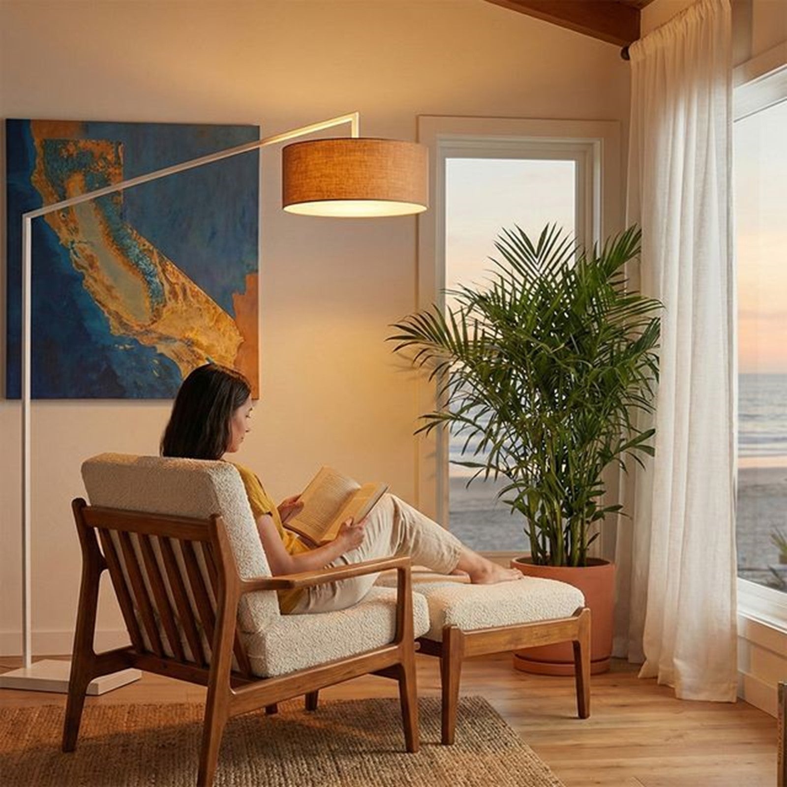 Nova California Stretch 87in 1-Light Arc Lamp | Modern White Steel and Burlap Linen Shade | Living Room & Bedroom | 1500 Lumens | Model 2110926BU