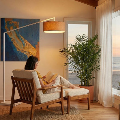 Nova California Stretch 87in 1-Light Arc Lamp | Modern White Steel and Burlap Linen Shade | Living Room & Bedroom | 1500 Lumens | Model 2110926BU