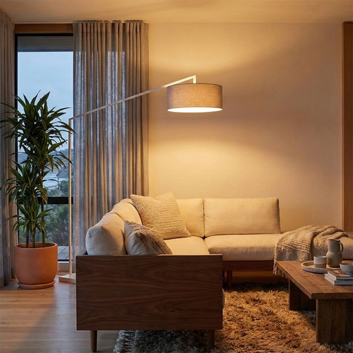 Nova California Stretch 87in 1-Light Arc Lamp | Modern White Steel and Cashmere Gray Linen Shade | Living Room & Bedroom | Model 2110926CG