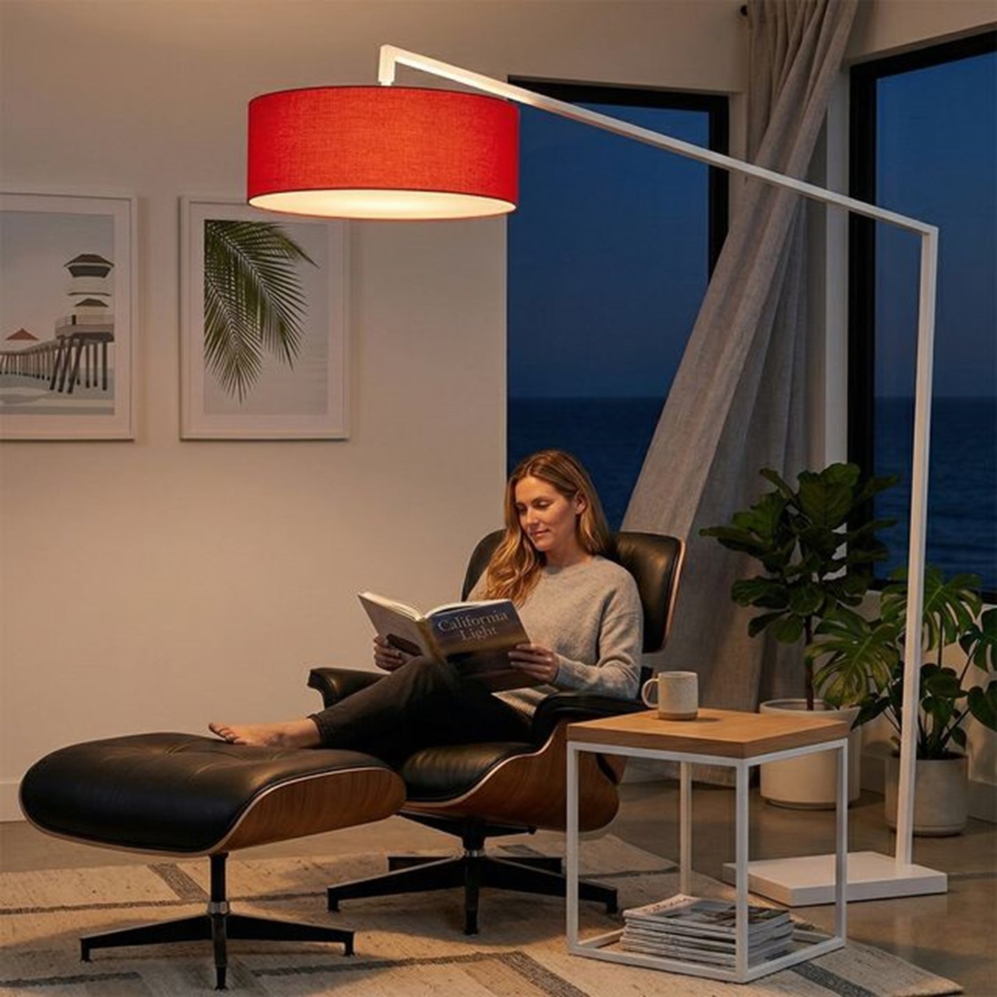 Nova California Stretch 87in 1-Light Arc Floor Lamp | Modern White Body and Crimson Red Linen Shade | Living Room & Bedroom | Model 2110926CR