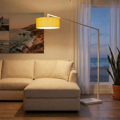 Nova California Stretch 87in 1-Light Arc Lamp | Modern White Steel and Mustard Linen | Living Room & Reading Nook | 1500 Lumens | Model 2110926MU