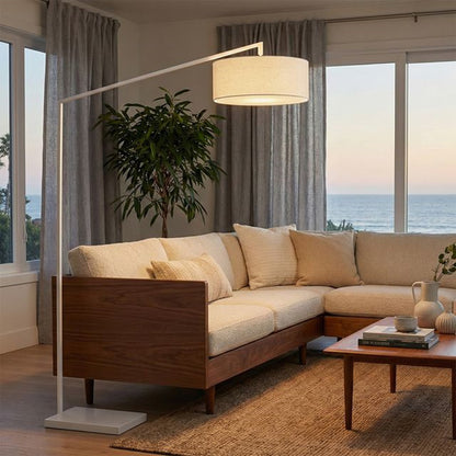 Nova California Stretch 87in 1-Light Arc Lamp | Modern White Steel and White Linen | Living Room & Bedroom | 1500lm 2700K Dimmable | Model 2110926WH