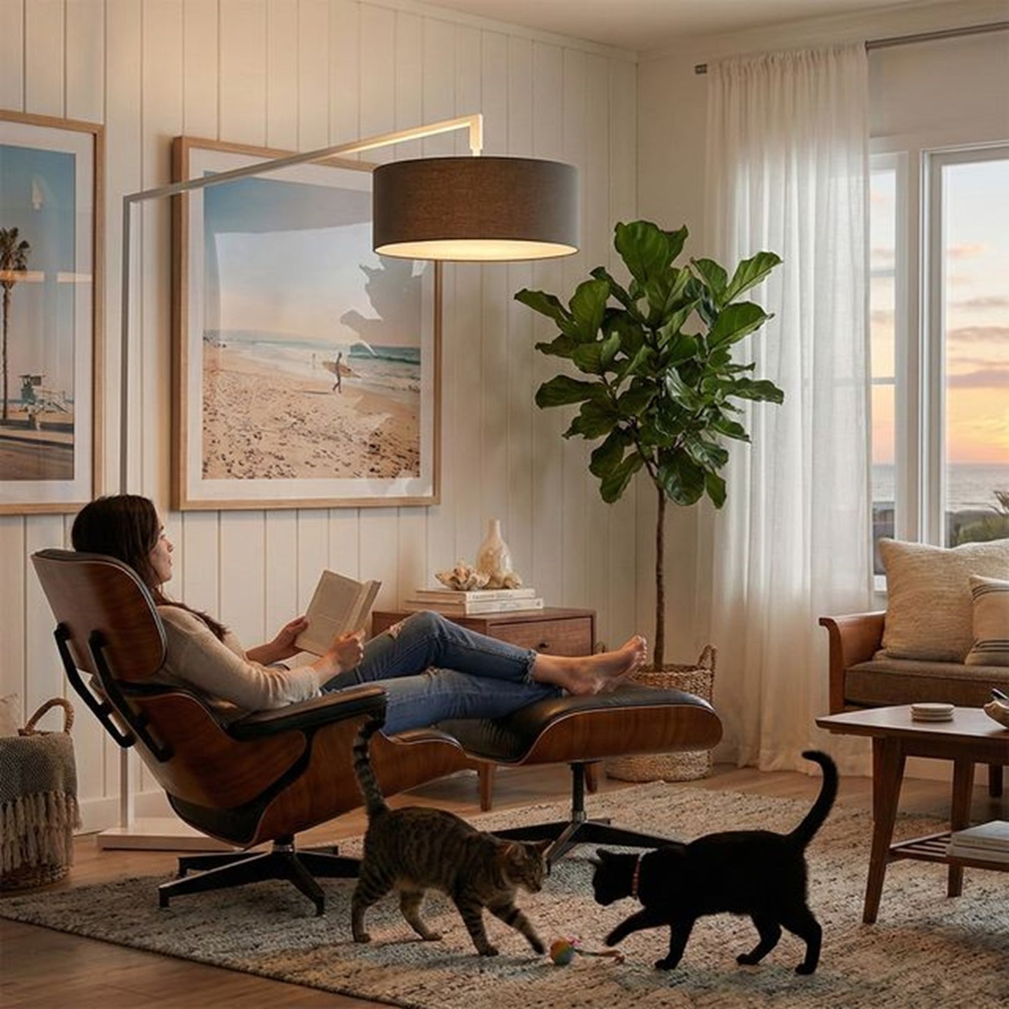 Nova California Stretch 75in 1-Light Floor Lamp | Modern White and Black Linen | Living Room & Bedroom | 72 x 24 x 75 in | Model 2110927BK