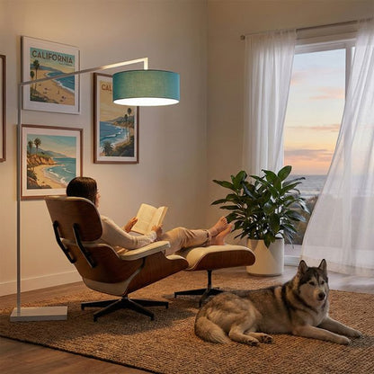 Nova California Stretch 75in 1-Light Chairside Arc Lamp | Modern White Steel and Pool Blue Linen | Living Room & Bedroom | Model 2110927BL