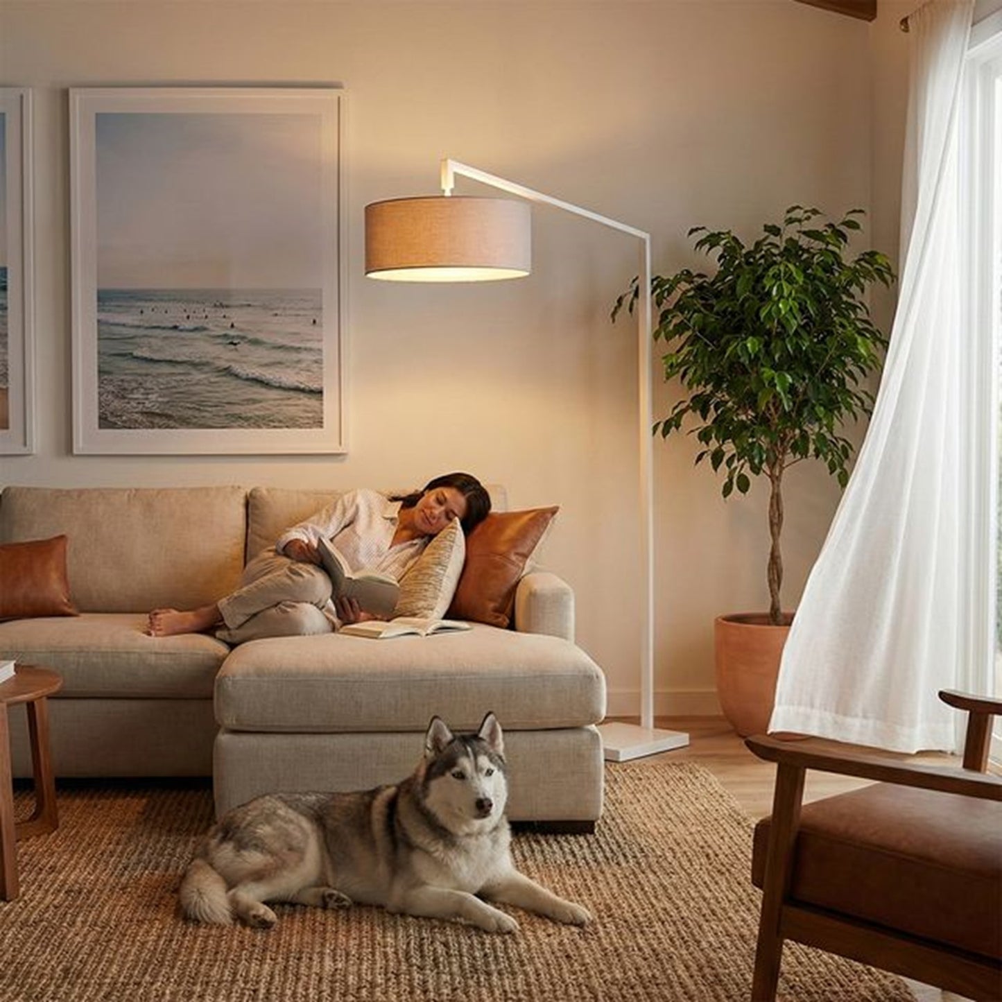 Nova California Stretch 75in 1-Light Arc Lamp | Industrial White and Cashmere Gray Linen | Living Room & Bedroom | 72 x 24 x 75 in | Model 2110927CG
