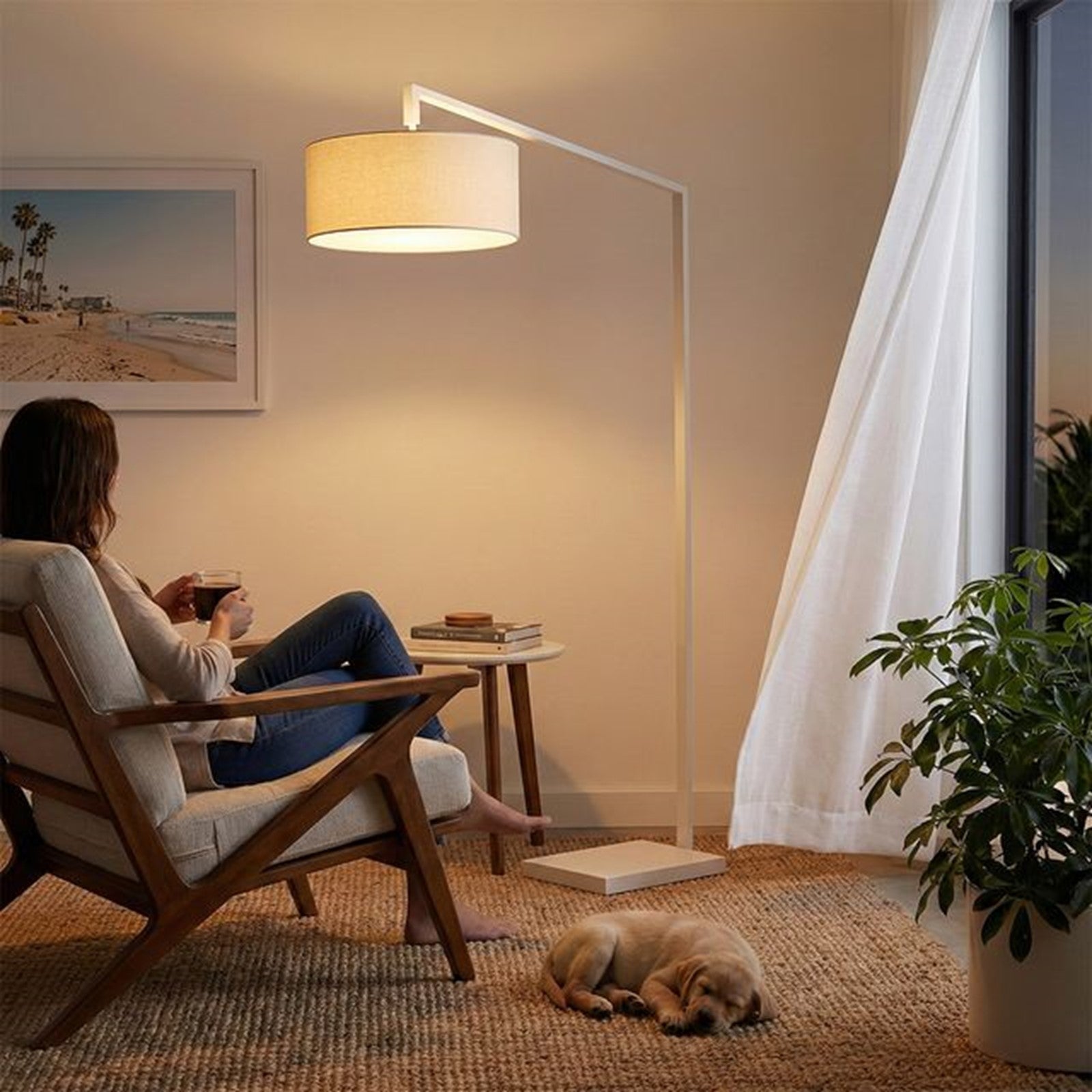 Nova California Stretch 75in 1-Light Chairside Arc Lamp | Modern White Steel and White Linen | Living Room & Bedroom | 1500 Lumens | Model 2110927WH