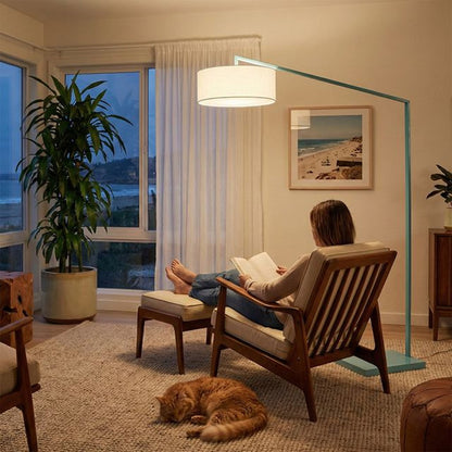 Nova California Stretch 87in 1-Light Arc Lamp | Modern Pool Blue Steel and White Linen | Living Room & Reading Nook | 1500 Lumens | Model 2110928WH