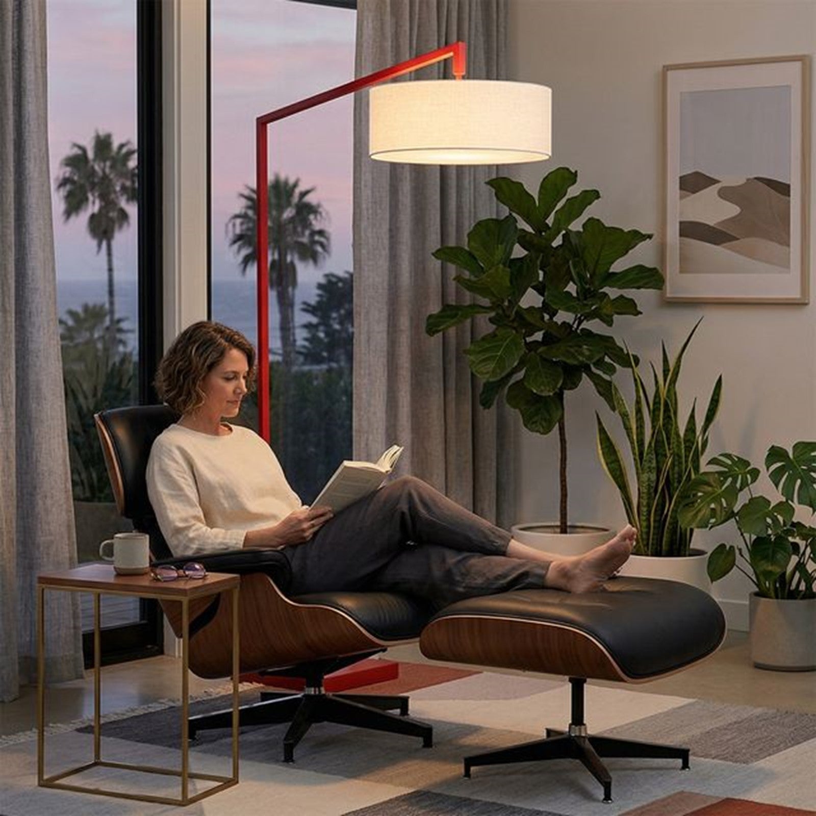 Nova California Stretch 75in 1-Light Arc Lamp | Modern Crimson Red Steel and White Linen | Living Room & Bedroom | 1500lm 2700K | Model 2110929WH