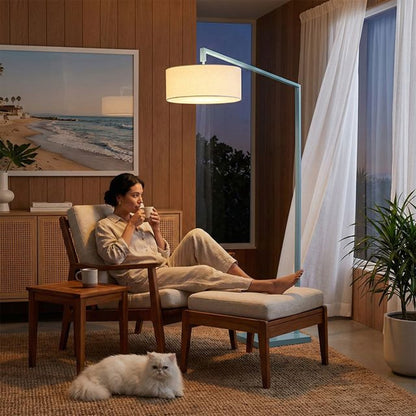 Nova California Stretch 75in 1-Light Arc Lamp | Modern Pool Blue Steel and White Linen | Living Room & Bedroom | 1500lm 2700K | Model 2110930WH