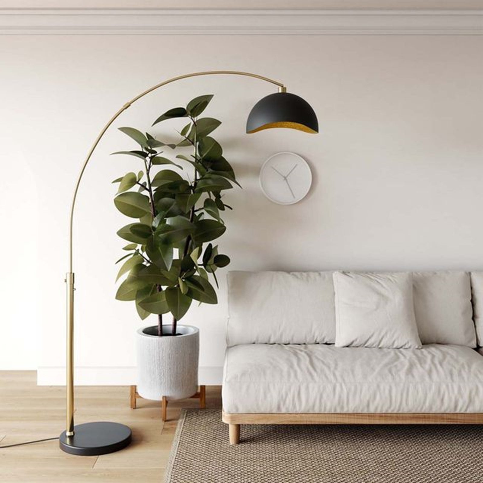 Nova California Luna Bella 92in 1-Light Arc Floor Lamp | Mid-Century Modern Weathered Brass and Matte Black with Gold Leaf Interior | Model 2111017