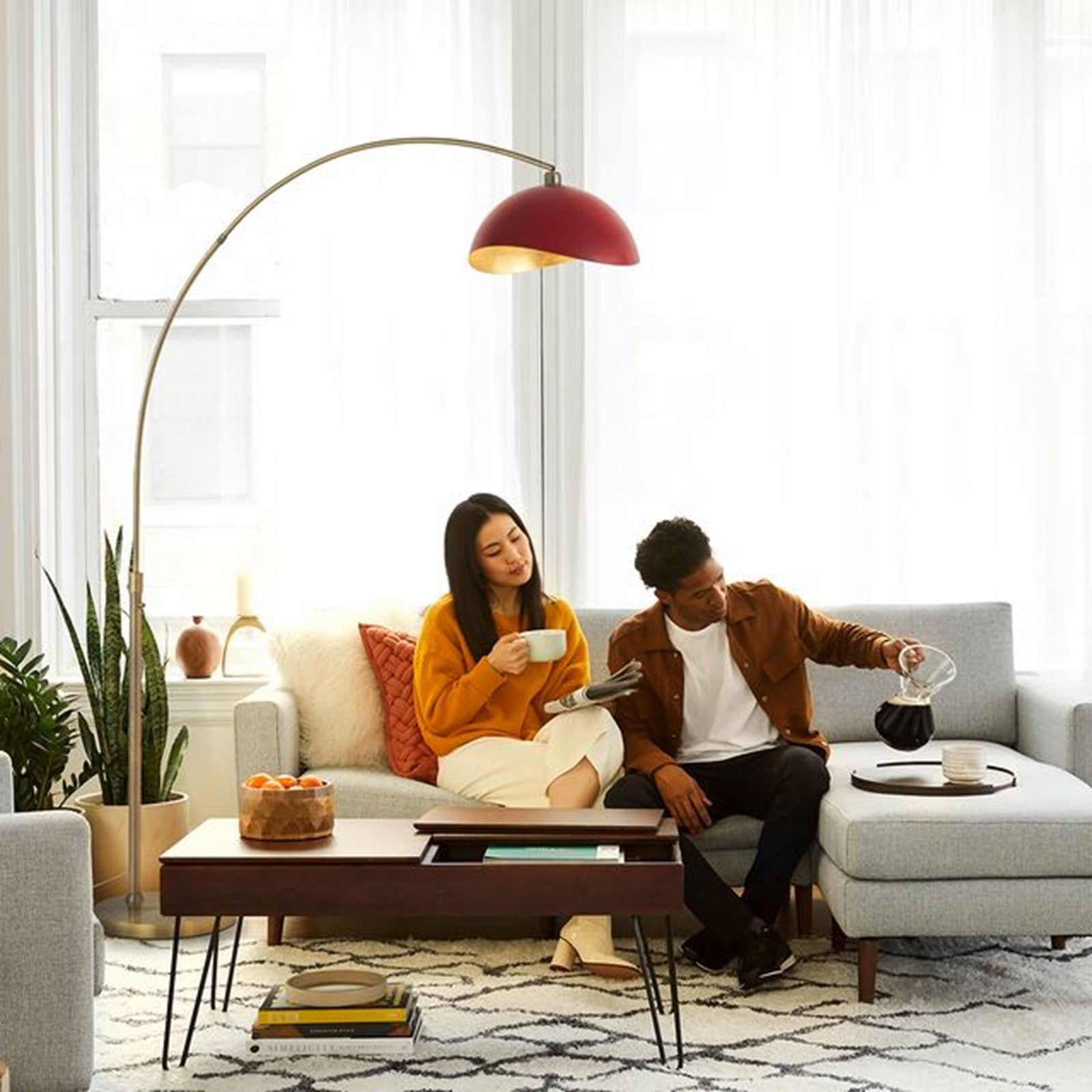 Nova California Luna Bella 92in 1-Light Arc Lamp | Weathered Brass and Red Steel Shade | Living Room & Reading Nook | Model 2111017RED