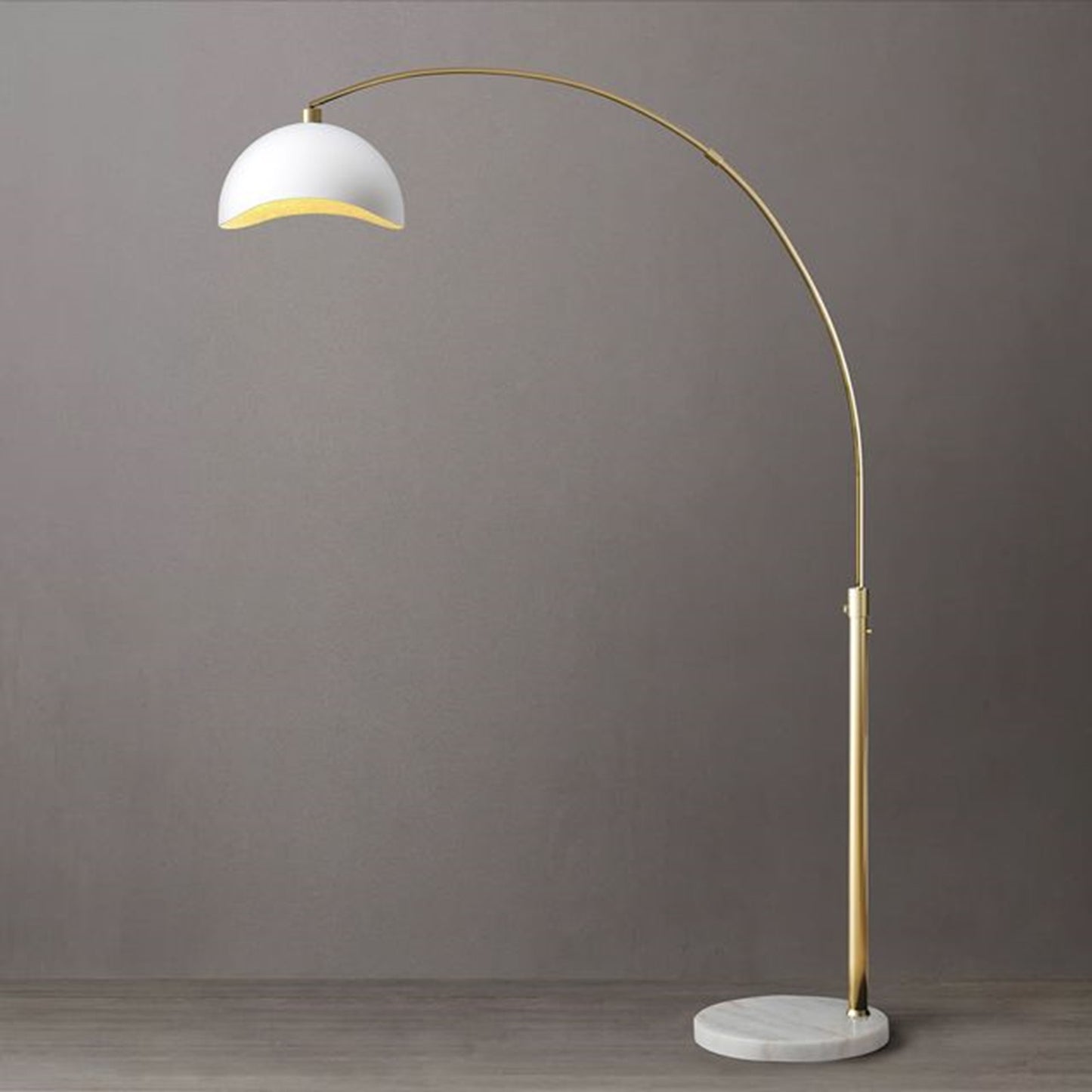 Nova California Luna Bella 68in 1-Light Arc Floor Lamp | Mid-Century Modern Weathered Brass and White Gold-Leaf Metal Shade | Model 2111017WH