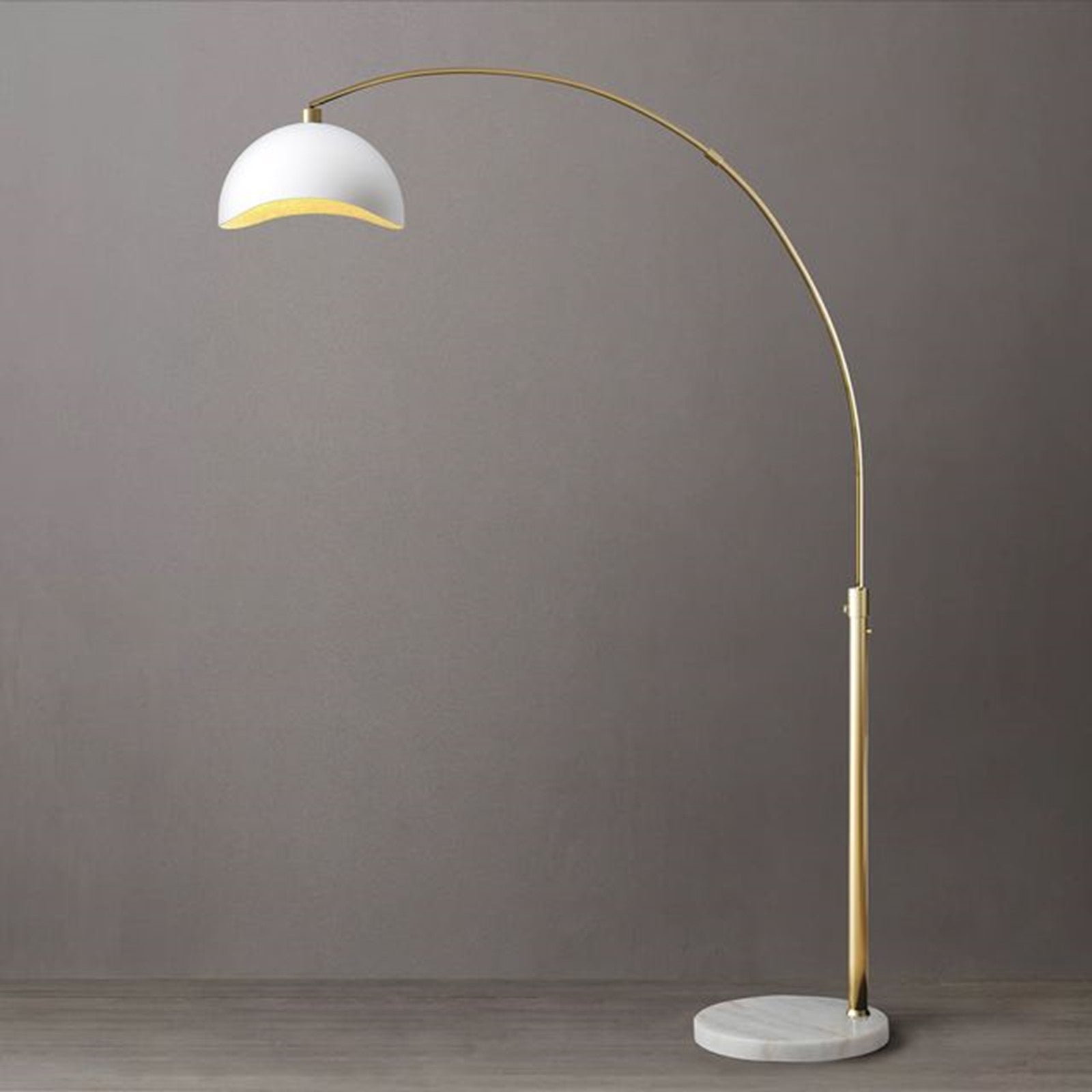 Nova California Luna Bella 68in 1-Light Arc Floor Lamp | Mid-Century Modern Weathered Brass and White Gold-Leaf Metal Shade | Model 2111017WH