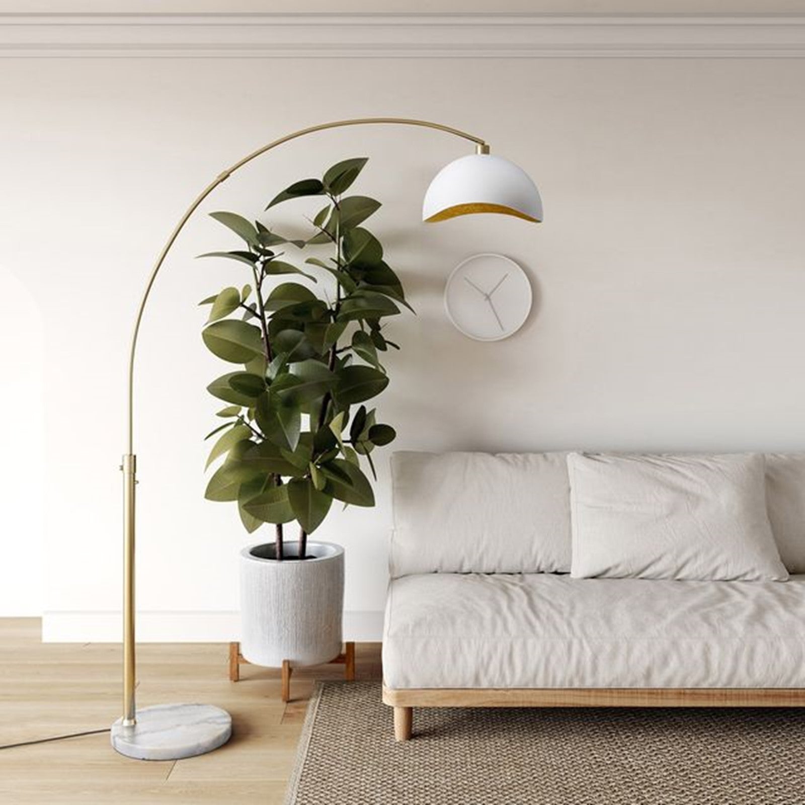 Nova California Luna Bella 68in 1-Light Arc Floor Lamp | Mid-Century Modern Weathered Brass and White Gold-Leaf Metal Shade | Model 2111017WH