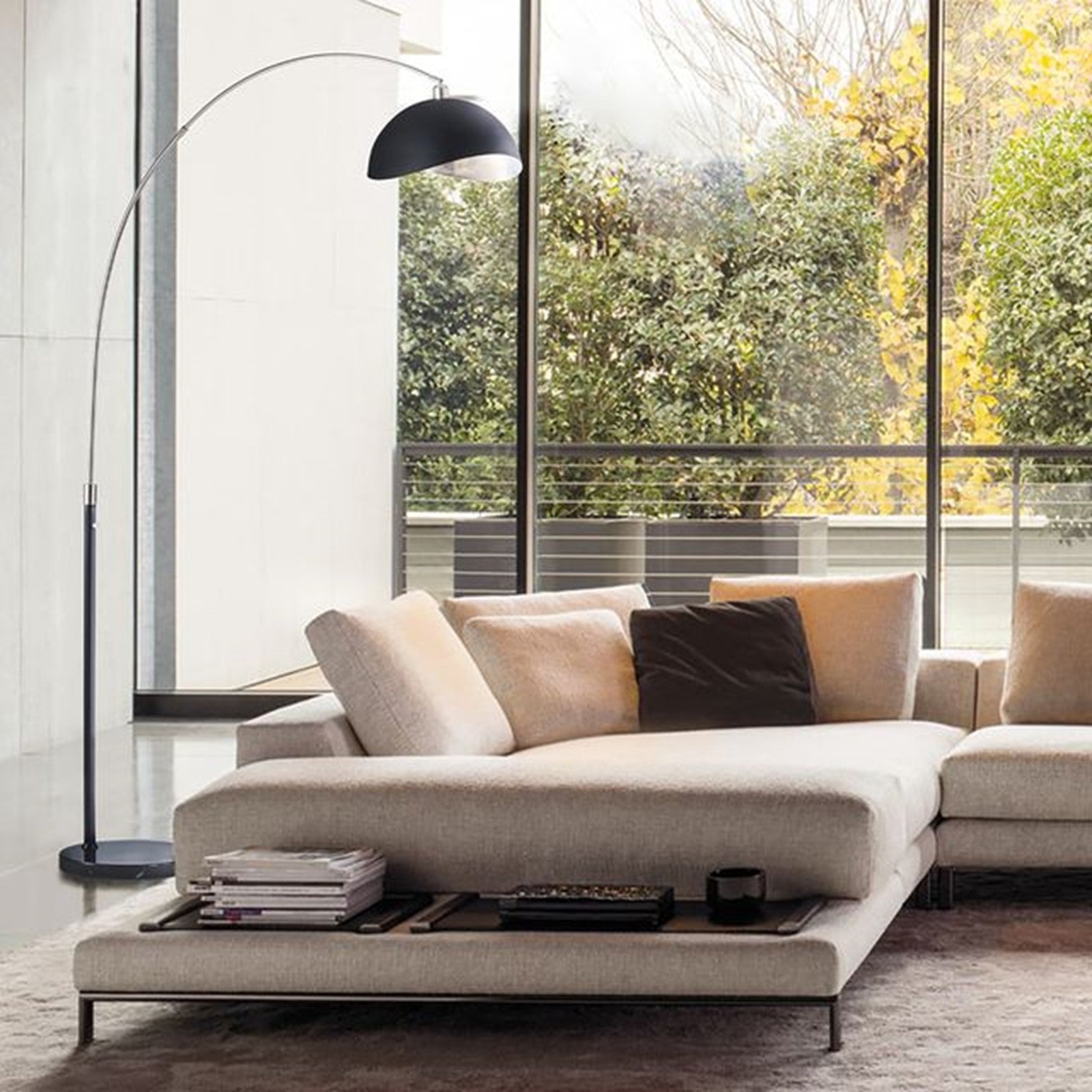 Nova California Luna Bella 68in 1-Light Arc Floor Lamp | Mid-Century Modern Antique Nickel and Matte Black Silver-Leaf Metal Shade | Model 2111109
