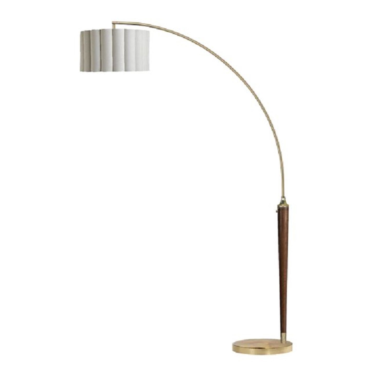 Nova California Scalloped 92in 1-Light Arc Floor Lamp | Mid-Century Modern Weathered Brass and Walnut with White Linen Shade | Model 2111802WB