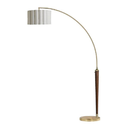 Nova California Scalloped 92in 1-Light Arc Floor Lamp | Mid-Century Modern Weathered Brass and Walnut with White Linen Shade | Model 2111802WB