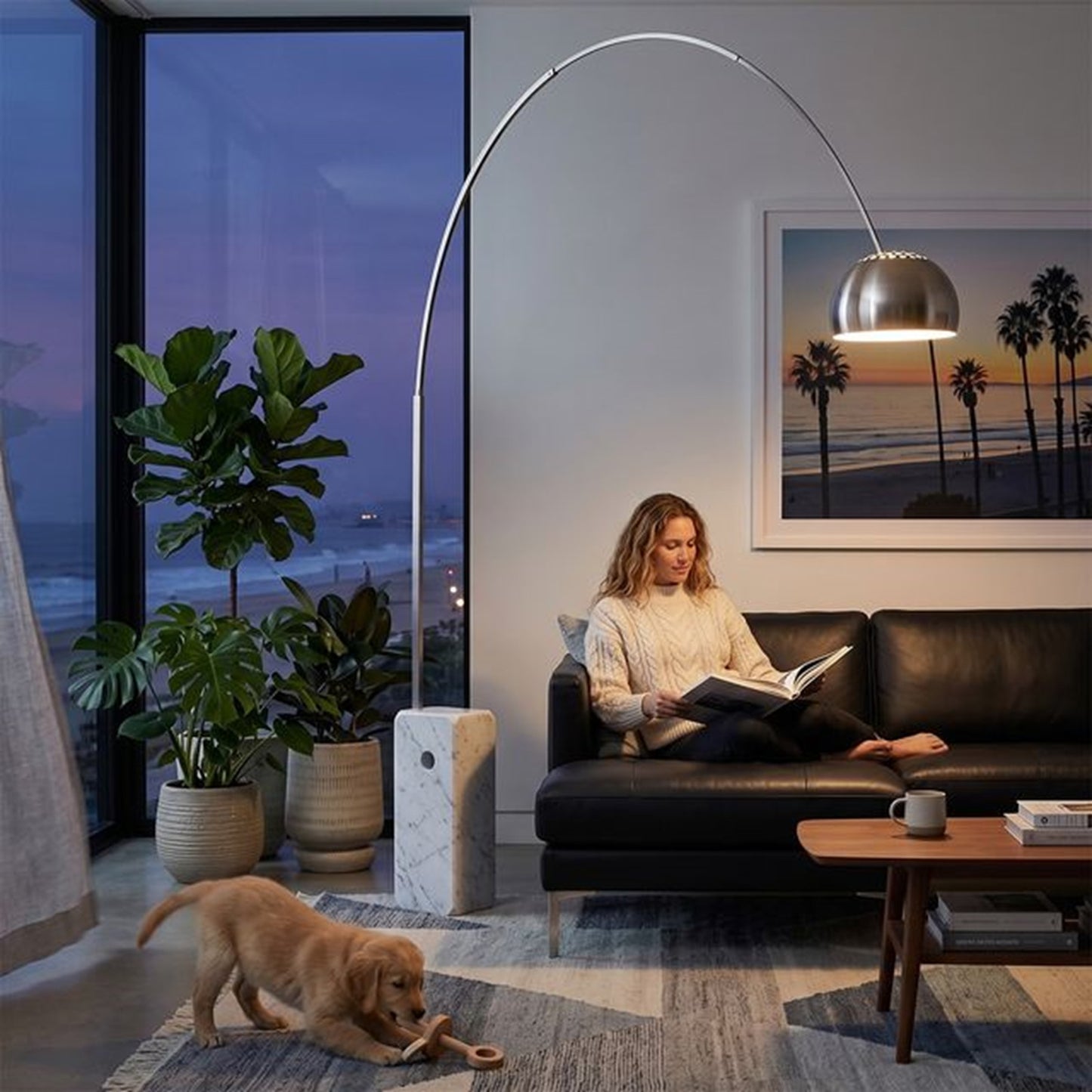 Nova California Iconic 95in 1-Light Arc LED Floor Lamp | Mid-Century Modern Satin Nickel and White Marble Base | Living Room & | Model 2111805SN