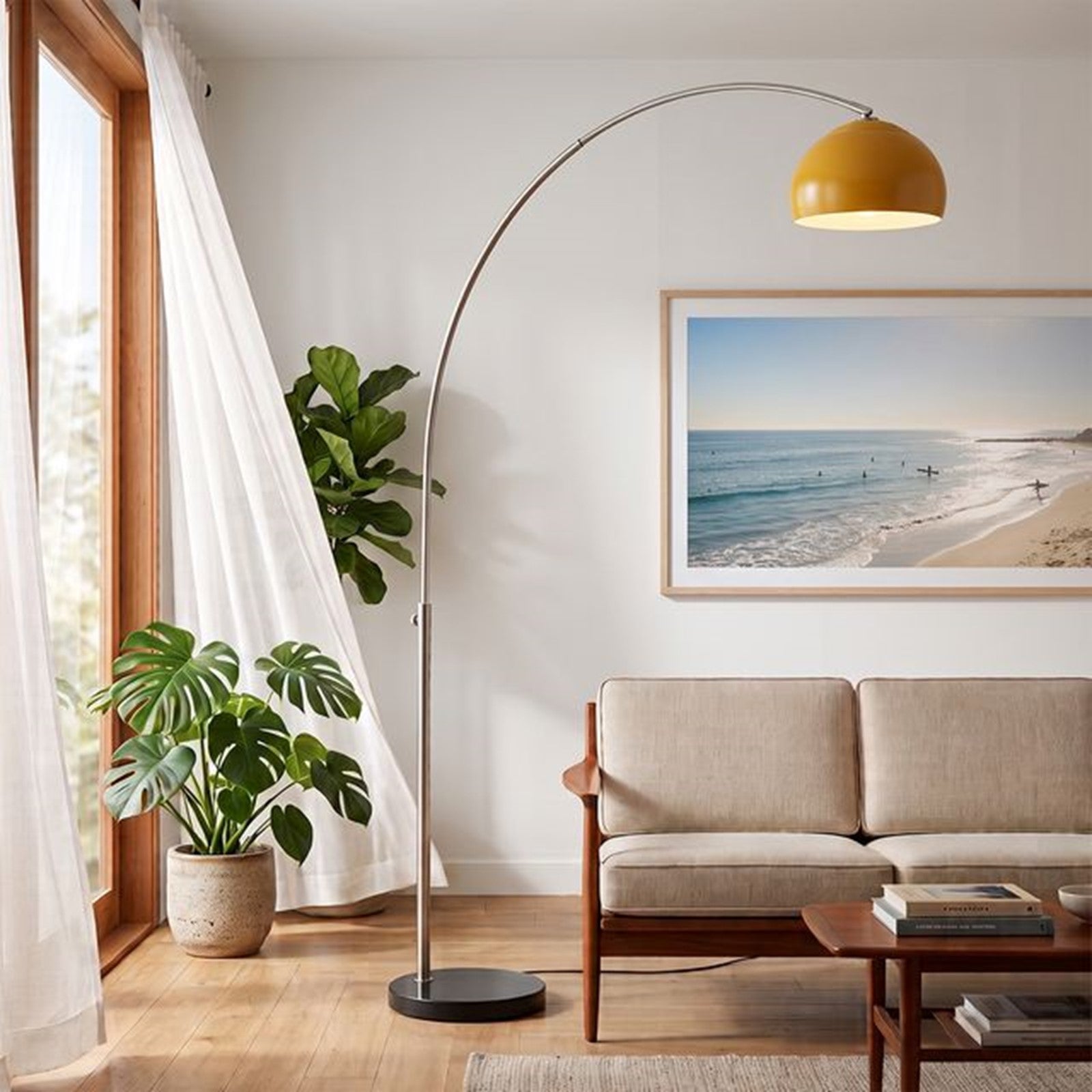 Nova California Float Half Dome 92in 1-Light Arc Lamp | Modern Satin Nickel and Mustard Steel Shade | Living Room & Home Office | Model 2113819MU