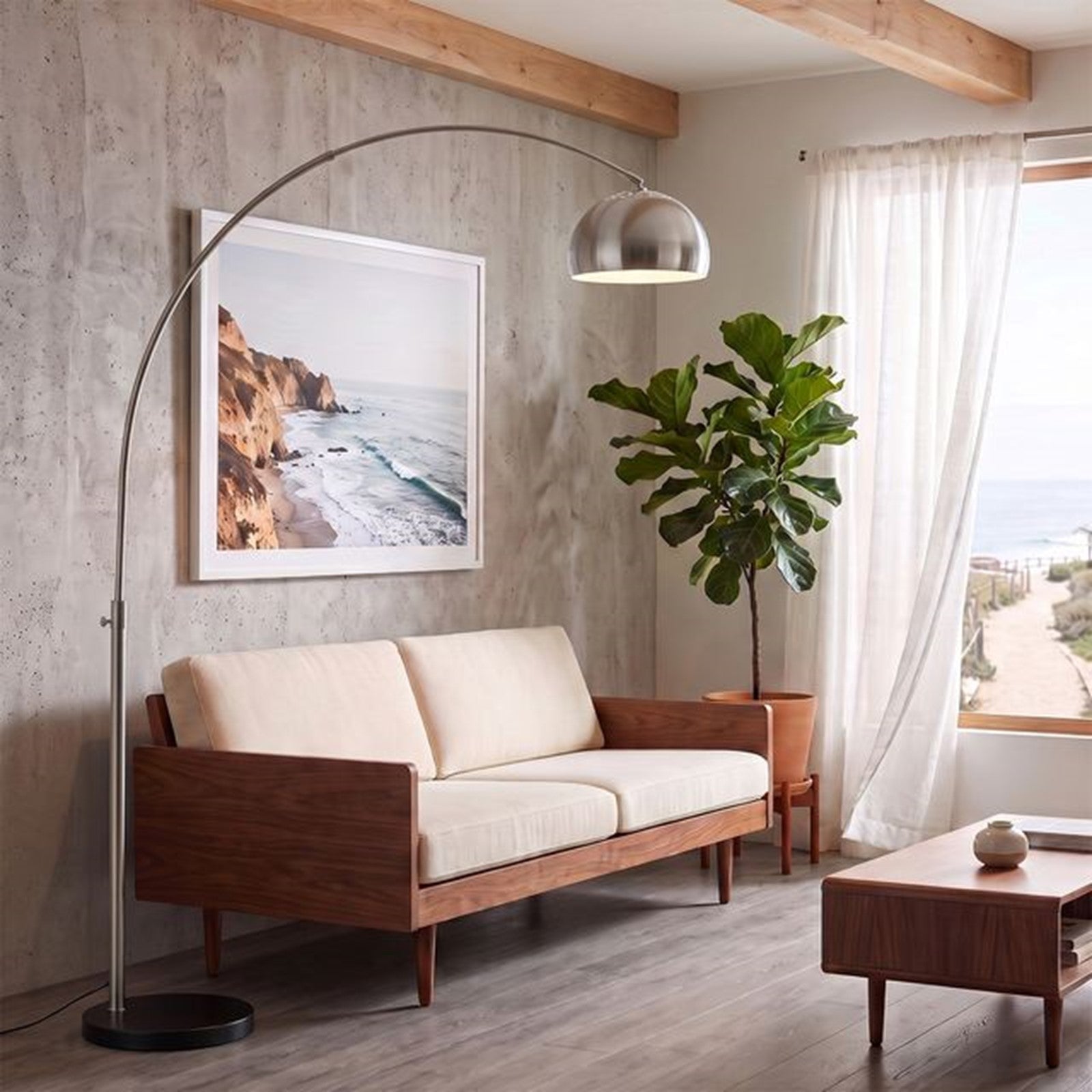 Nova California Float Half-Dome 92in 1-Light Arc Lamp | Modern Satin Nickel Steel and Black Marble | Living Room & Home Office | Model 2113819SN