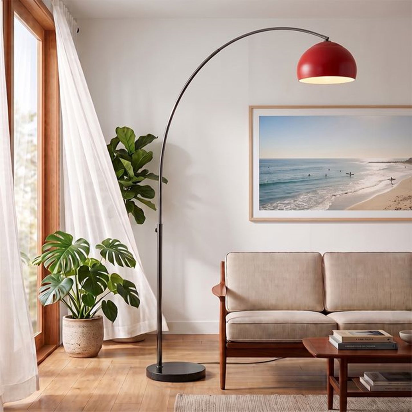 Nova California Float Half Dome 92in 1-Light Arc Lamp | Industrial Crimson Red Steel and Black Nickel | Living Room & Reading Nook | Model 2113820CR