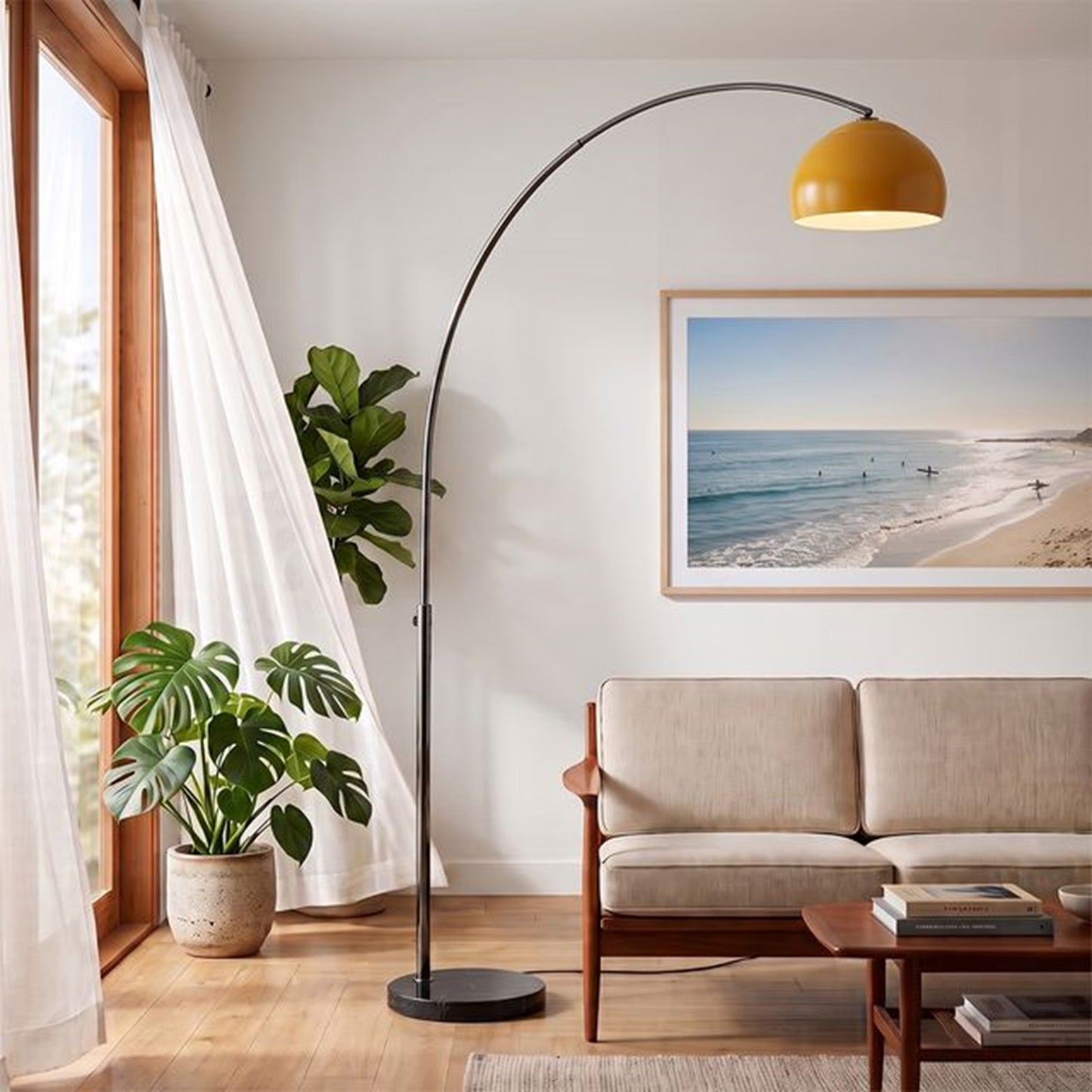 Nova California Float Half Dome 92in 1-Light Arc Lamp | Industrial Mustard Steel and Black Nickel | Living Room & Reading Nook | Model 2113820MU