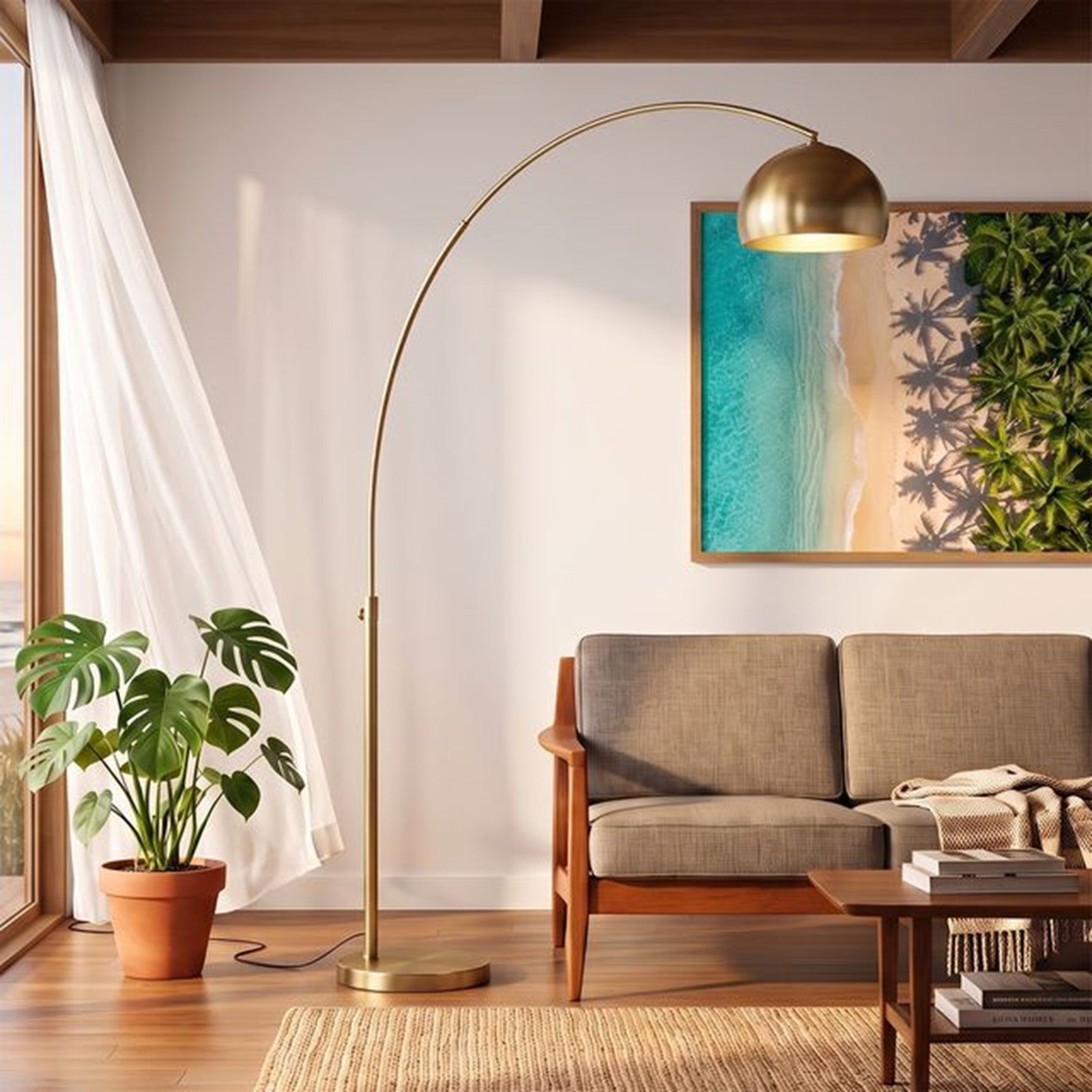 Nova California Float 92in 1-Light Arc Lamp | Modern Weathered Brass Steel Shade | Living Room & Home Office | 68 x 18 x 92 in | Model 2113824WB