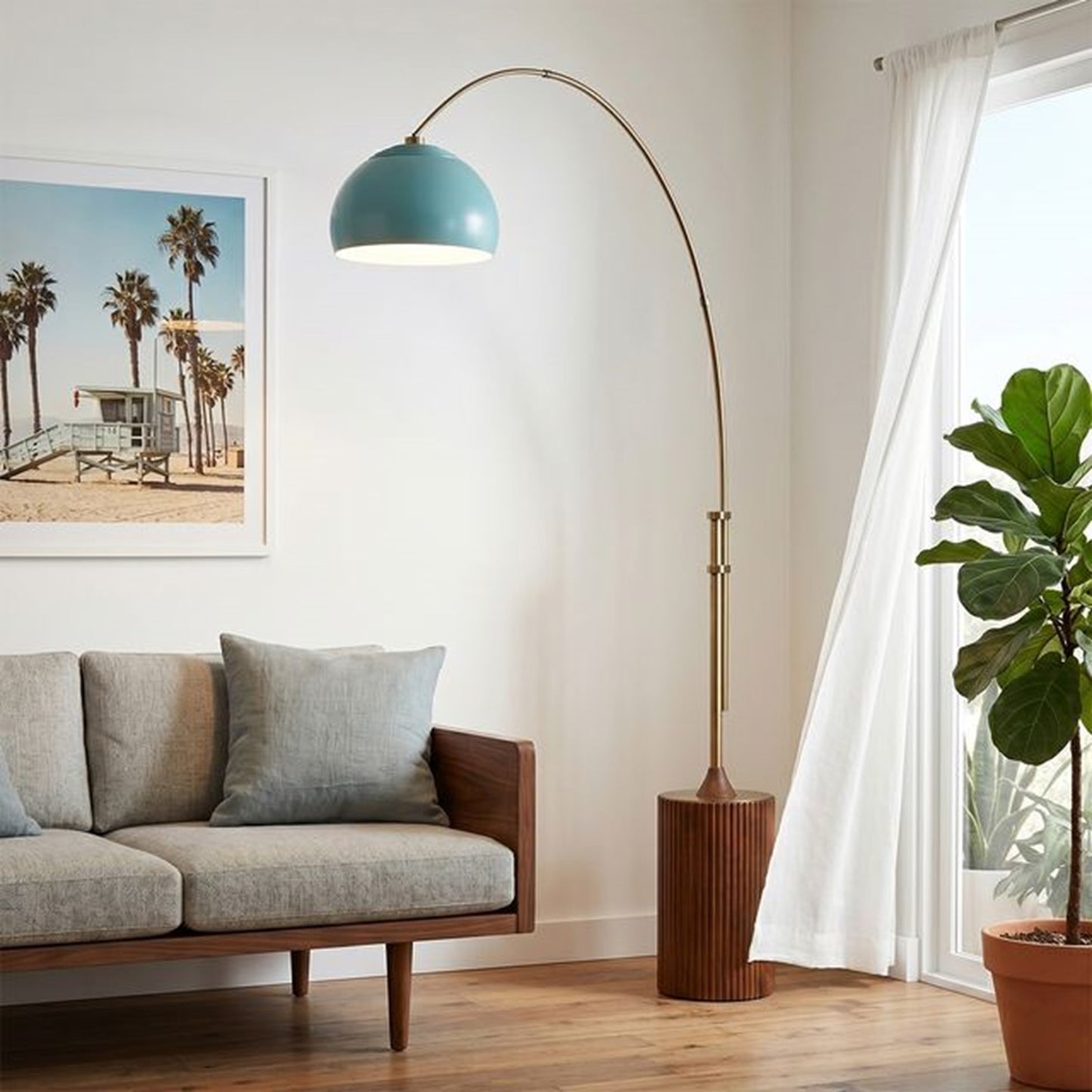 Nova California Tambo Half-Dome 68in 1-Light Arc Floor Lamp | Mid-Century Weathered Brass and Pool Blue Steel | Living Room & | Model 2113832BL