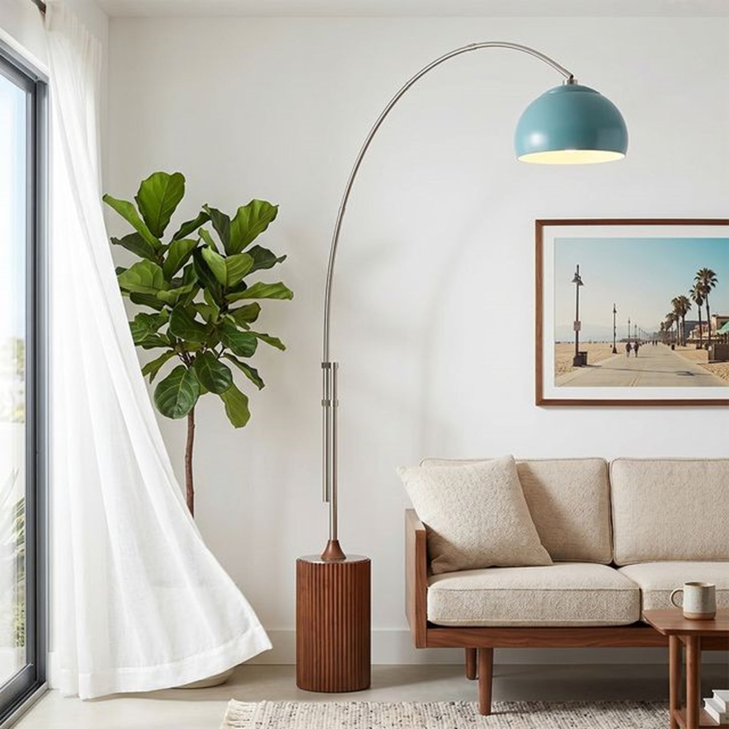 Nova California Tambo 92in 1-Light Arc Lamp | Mid-Century Modern Pool Blue Steel Shade and Satin Nickel Body | Living Room & | Model 2113833BL