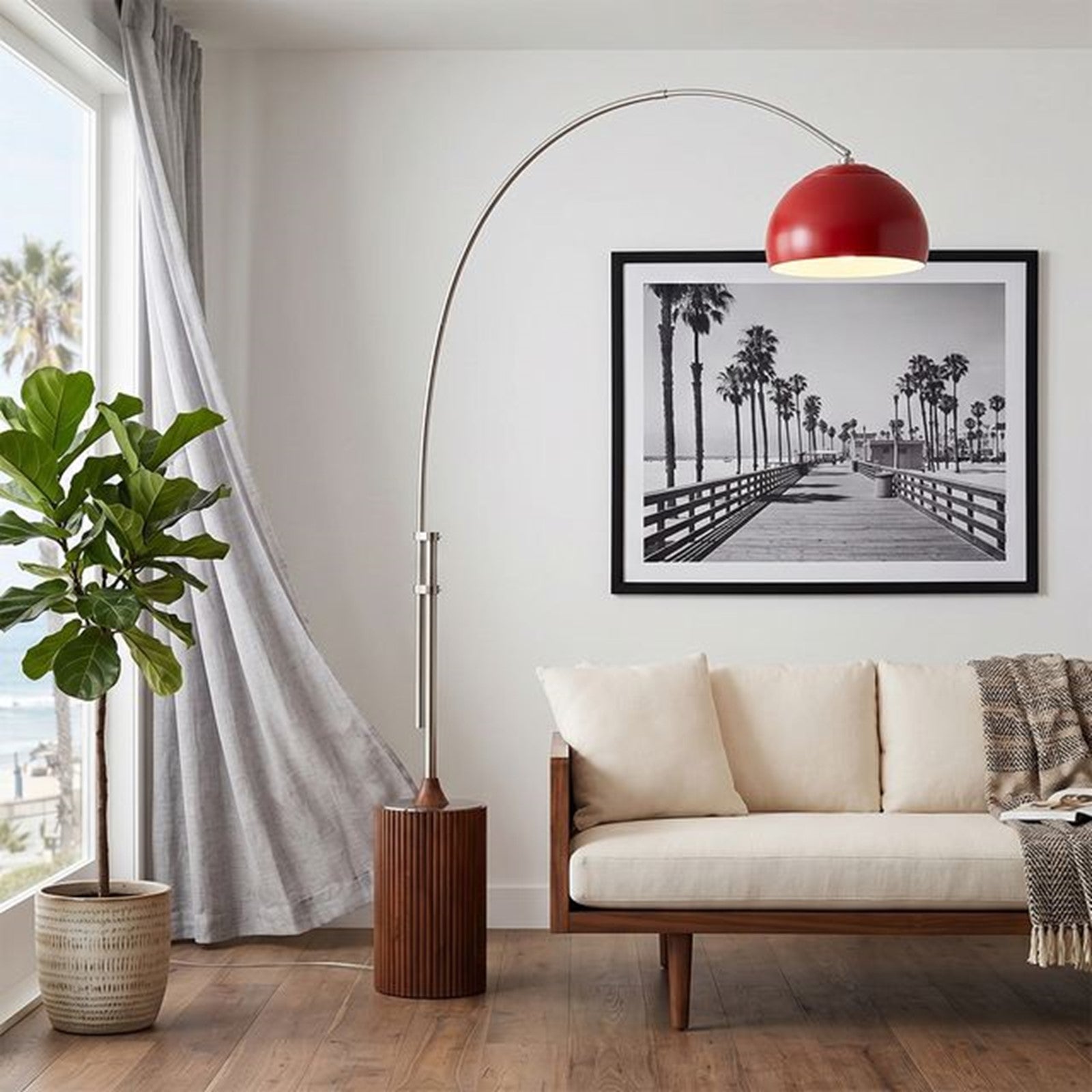 Nova California Tambo 92in 1-Light Arc Lamp | Mid-Century Modern Crimson Red Steel Shade and Satin Nickel Body | Living Room & | Model 2113833CR
