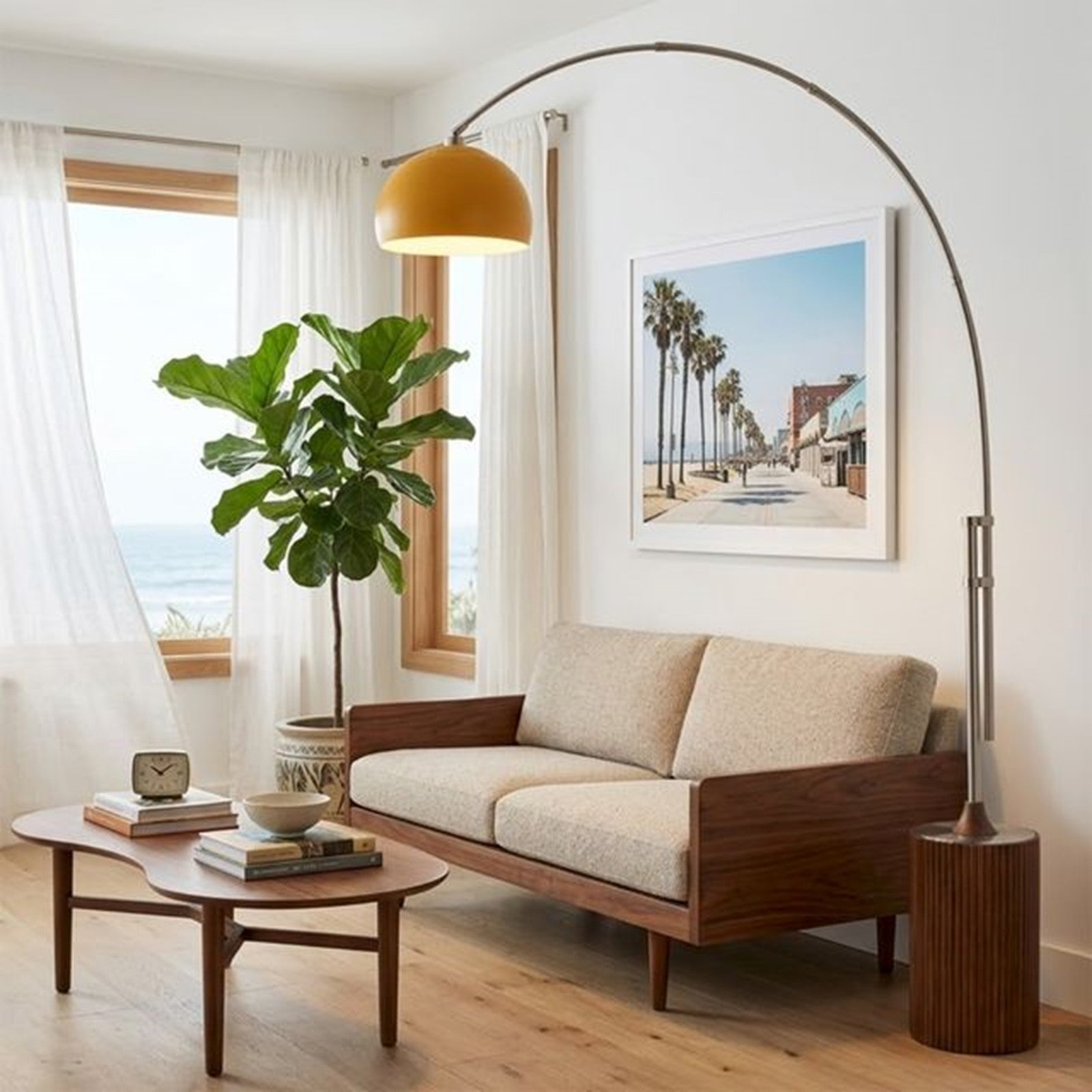 Nova California Tambo 92in 1-Light Arc Lamp | Mid-Century Modern Mustard Steel Shade and Satin Nickel Body | Living Room & Bedroom | Model 2113833MU