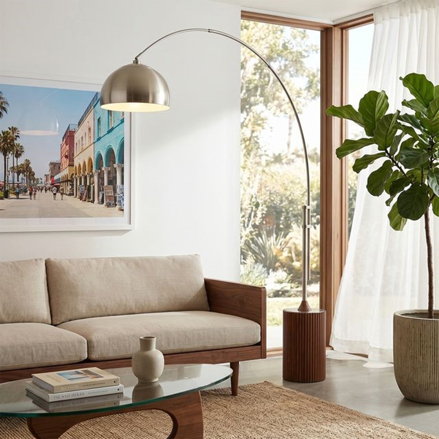 Nova California Tambo Half Dome 92in 1-Light Arc Lamp | Mid-Century Modern Satin Nickel and Dark Walnut | Living Room & Home Office | Model 2113833SN