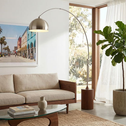 Nova California Tambo Half Dome 92in 1-Light Arc Lamp | Mid-Century Modern Satin Nickel and Dark Walnut | Living Room & Home Office | Model 2113833SN