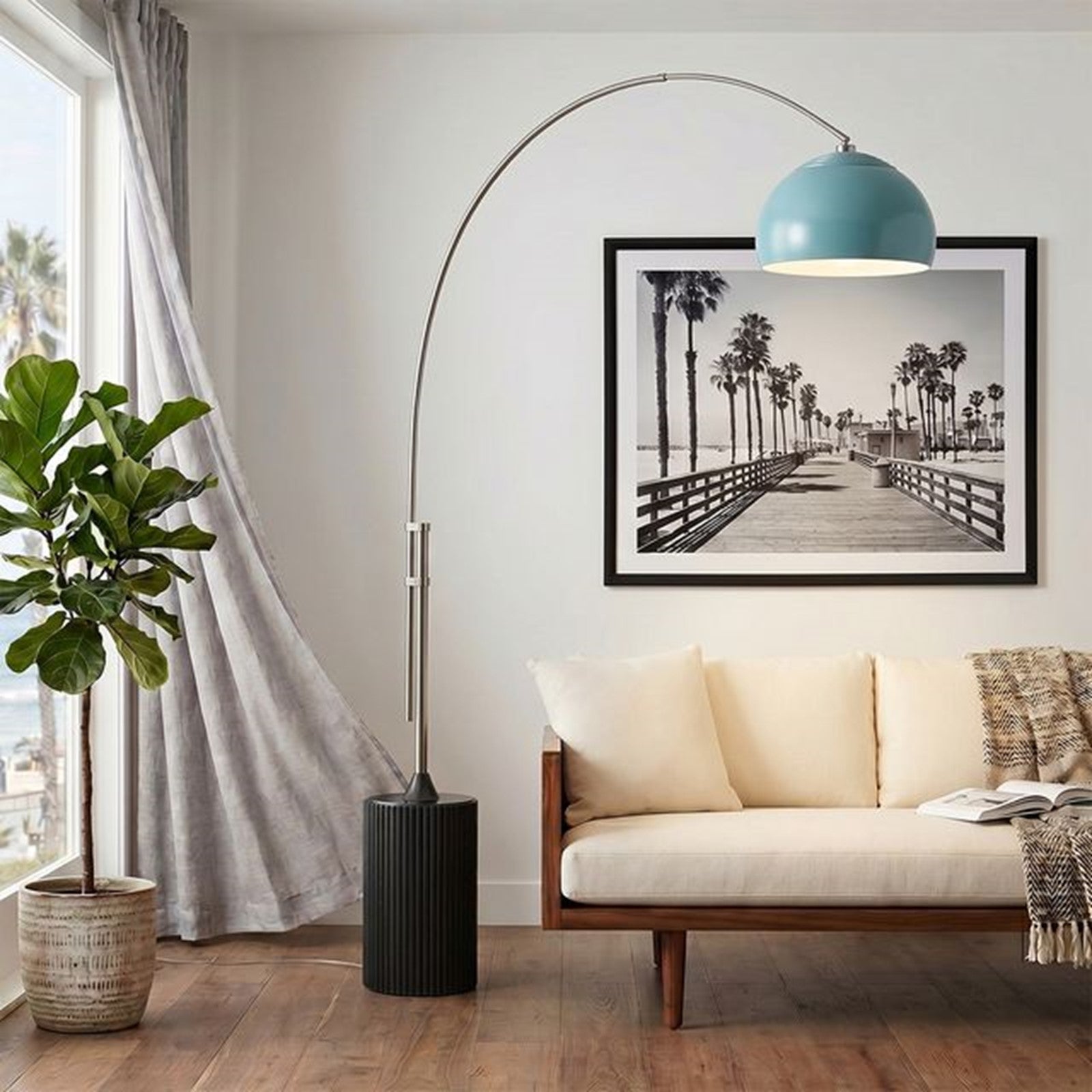 Nova California Tambo Half-Dome 92in 1-Light Arc Lamp | Modern Pool Blue and Satin Nickel | Living Room & Home Office | Model 2113834BL
